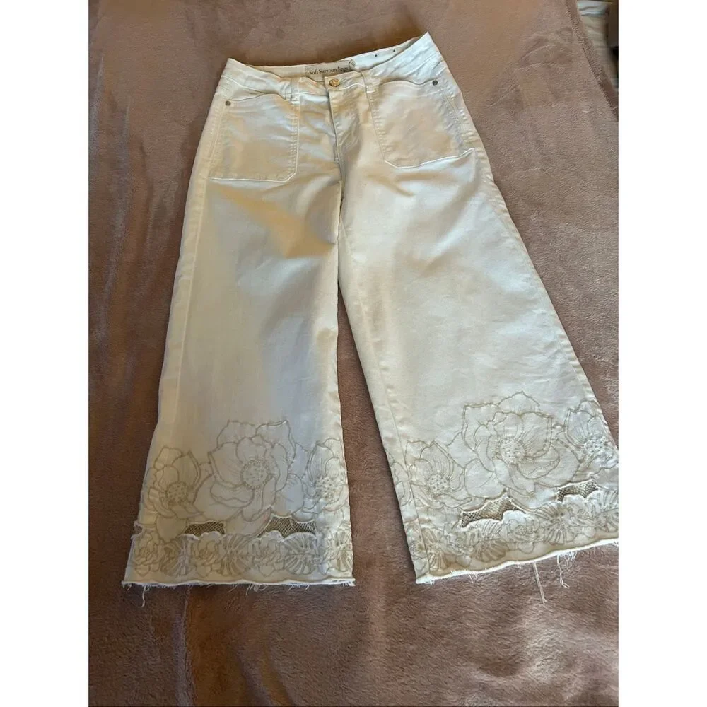 Soft Surroundings The Ultimate Wide Leg Crop Jeans Embroidered Ivory 6